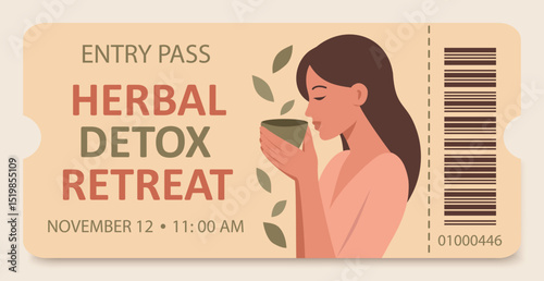 Vector ticket for herbal detox retreat with image of woman holding cup, leaves around. Soft pastel palette, self-care theme, natural cleansing, solitude and self-care
