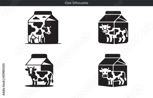 Black and white silhouettes of cows inside milk carton illustrations for dairy concepts