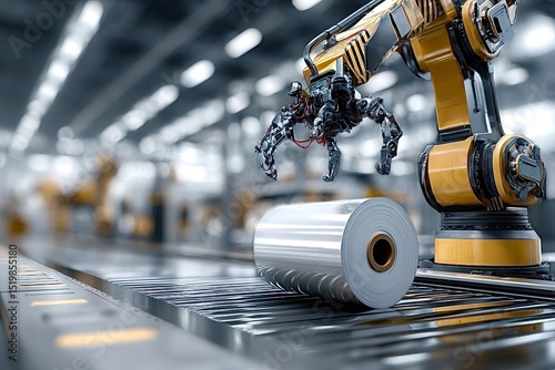 Robotic arm handling aluminum roll in modern factory