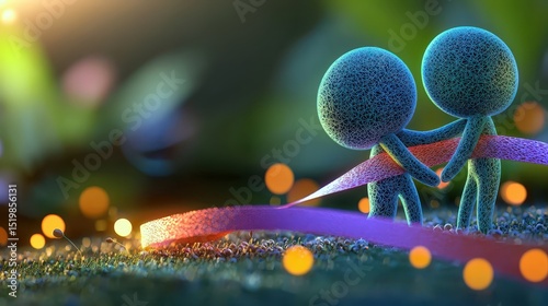 cancer and risk concept. Two abstract figures holding hands in a colorful, dreamy setting.