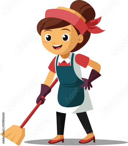 Cartoon woman sweeping floor with broom wearing apron gloves