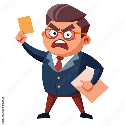 Cartoon man in suit holding yellow card with angry expression