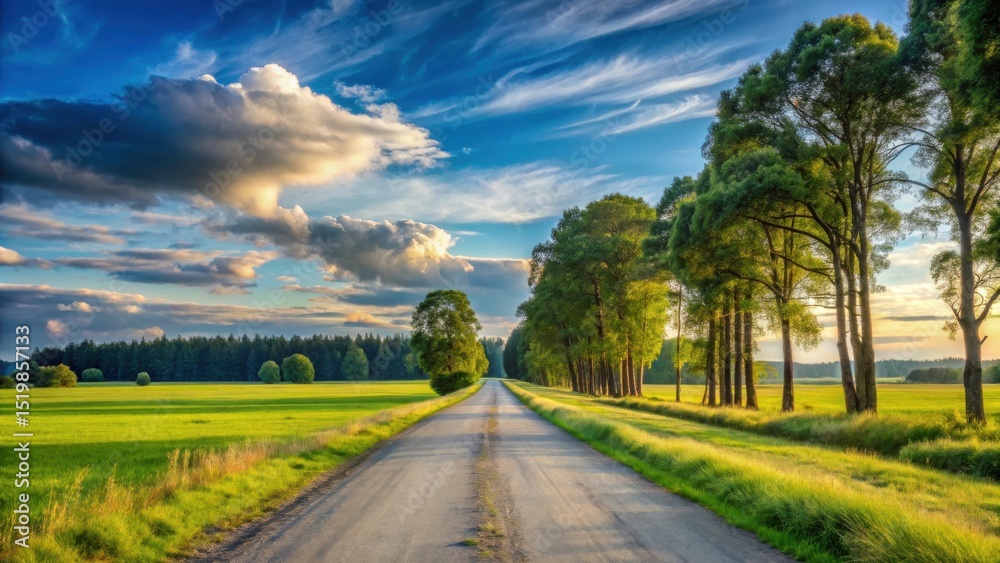 Fototapeta premium Asphalt Road Leading Through Lush Green Fields Under a Dramatic Sky at Sunset