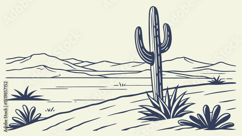 A simple line drawing of a desert landscape with a cactus and mountains in the background scenery view