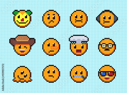 Pixels Y2k funny playful emoticon stickers. Love, kiss, melting smile. 8-bit retro style vector illustration for social media. Set of emoticons pixel art. Emoji pixelated icons. Various faces