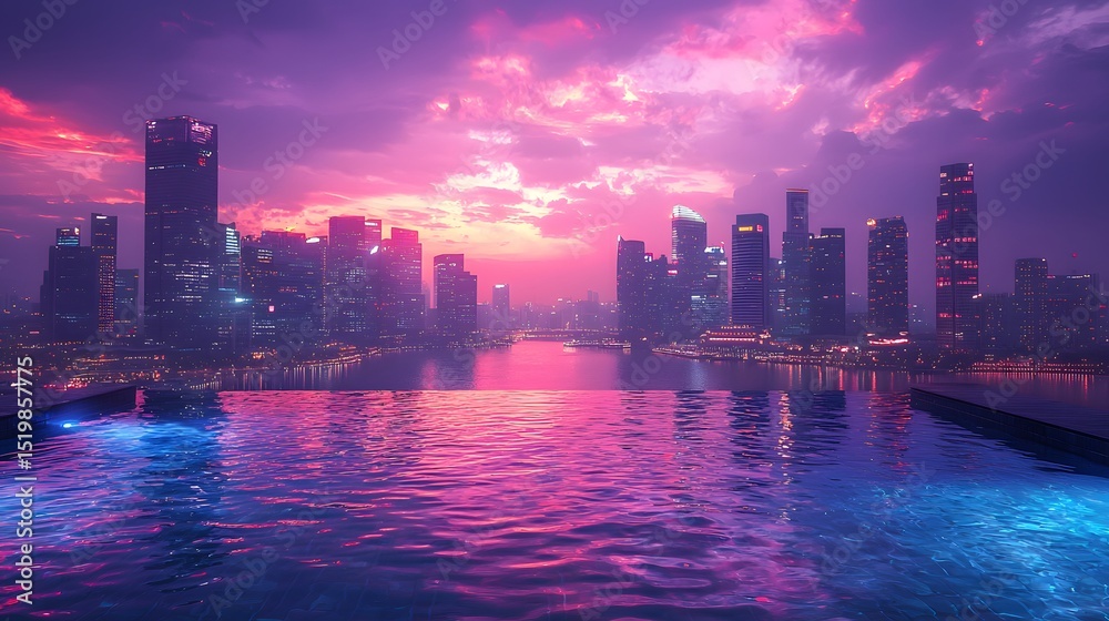 Fototapeta premium Stunning Sunset Over City Skyline with Infinity Pool Reflecting Vibrant Colors and Architecture