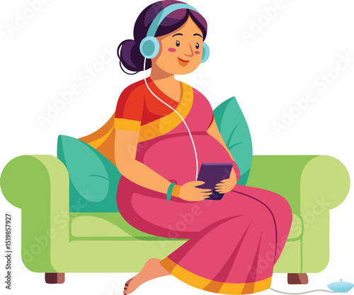 Pregnant woman listening to music on couch with headphones