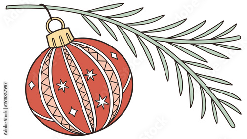 A christmas ornament hanging from a pine branch with stars and diamond shapes on a white background