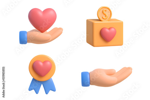 3D render of four donation icons hand holding heart, donation box, award, and open hand
