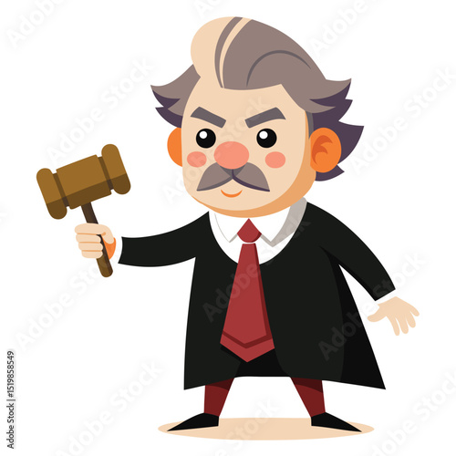 Cartoon judge holding gavel in courtroom illustration art