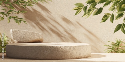 A High Resolution image of beige rock podium for product display sits on light beige surface. Natural light casts soft shadows on fuzzy beige background. Natural green leaves add touch.