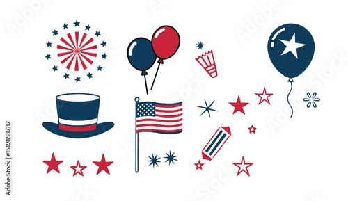 Colorful 4th of July Fireworks and Balloons with Patriotic Flags and Banners for USA Independence Day Party Illustration