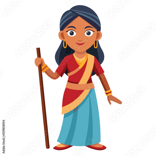 Cartoon woman in traditional dress holding a wooden staff