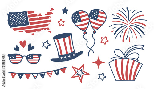 4th of July Vector Design with USA Flag, Fireworks, Sunglasses, and Bunting in Red, White, and Blue for American Independence Day Celebration Illustration