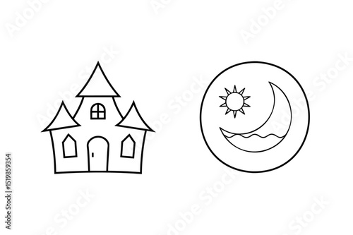 Black and white line art featuring a spooky house and day and night illustration photo