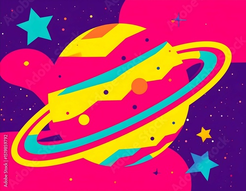 A bold, graphic illustration features a vibrant, striped ringed planet surrounded by playful stars and abstract shapes against a deep purple, starry backdrop