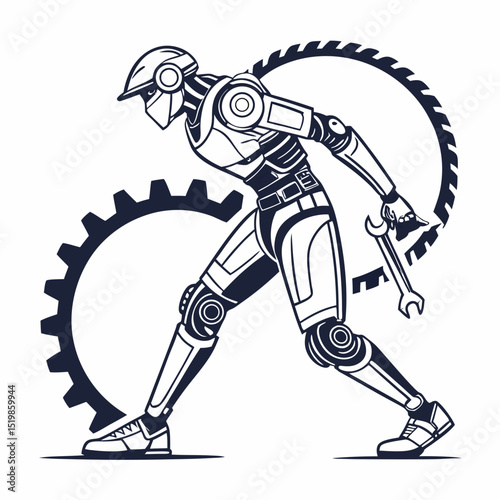 Monochrome illustration of a robot mechanic holding a wrench with gears background