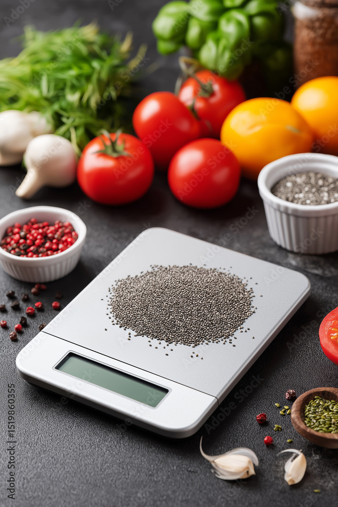 custom made wallpaper toronto digitalVertical food prep scene with chia seeds being measured on a digital scale surrounded by fresh ingredients.