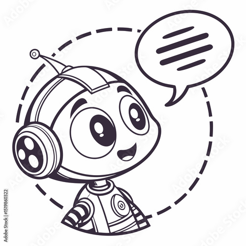 Cartoon Robot Character with Speech Bubble in Black and White Outline