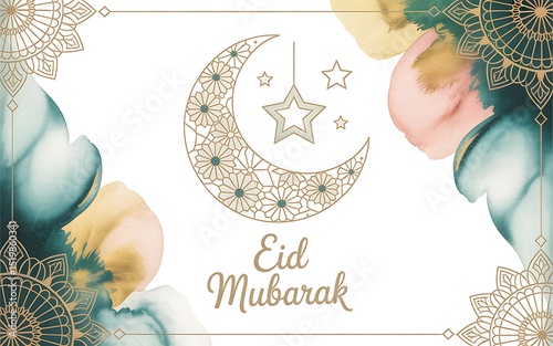 Elegant Eid Mubarak Watercolor Design: Crescent Moon, Stars, and Mandala Flourishes