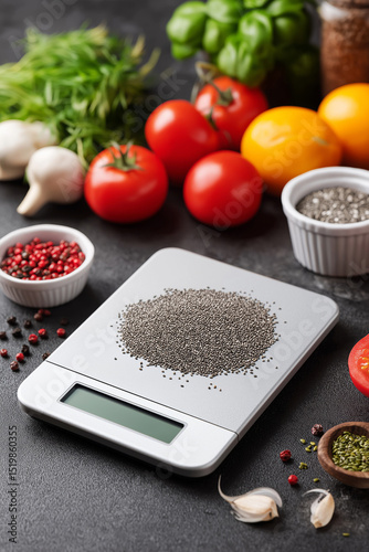 Vertical food prep scene with chia seeds being measured on a digital scale surrounded by fresh ingredients.