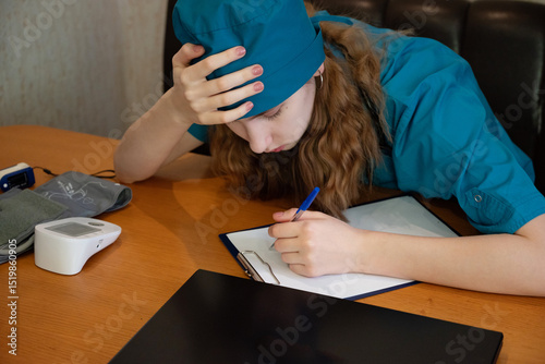 Medical student studies diligently while feeling overwhelmed at a desk in a quiet study space