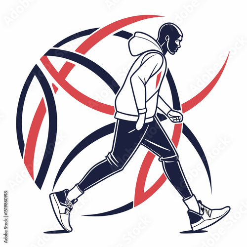 Stylized Illustration of a Person Walking with Abstract Geometric Background