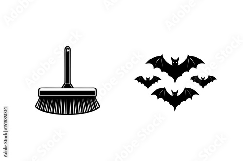 Halloween celebration with a broom and bats a dark minimalist illustration on a white background
