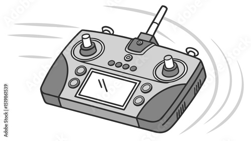 A gray drone controller with joysticks antenna buttons and a screen with motion lines around it on white