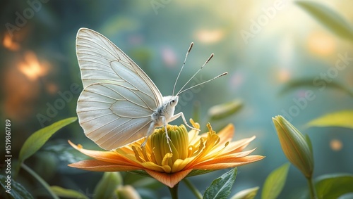 Delicate white butterfly perched on vibrant flower in soft-focus garden background	
