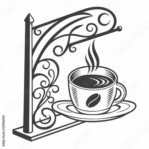 Elegant Coffee Shop Sign with Ornate Ironwork and Steaming Cup