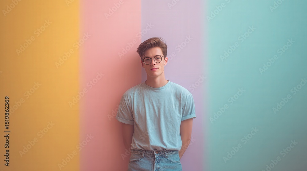 Obraz premium Young Man Posing Against a Colorful Pastel Wall in Casual Attire
