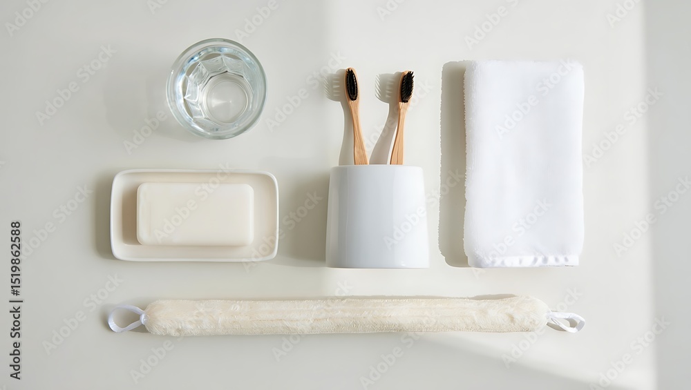 Naklejka premium Minimalist bathroom essentials flat lay photography