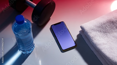 A modern fitness scene featuring a smartphone, dumbbell, water bottle, and towel. This image captures the essence of wellness, exercise, and motivation. Perfect for health and gym related content. AI
