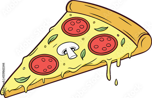 Cartoon vector of a cheesy pepperoni pizza slice with mushrooms and herbs, dripping with melted cheese, perfect for food illustrations, Italian cuisine branding, and fast-food graphics