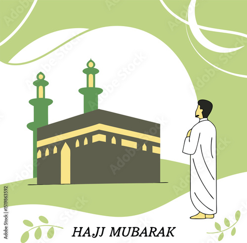 Peaceful Hajj Mubarak Artwork Featuring Kaaba and Pilgrim in Ihram