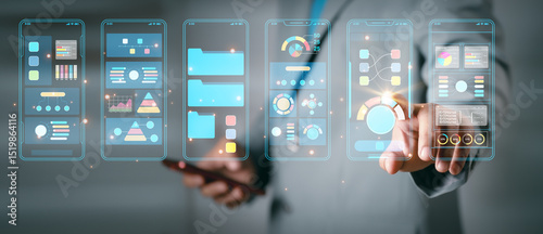 UX UI, Mobile app user interface designs, digital software, mobile app development concept. Planning application process develop prototype wireframe for mobile phone. User experience, computer code.