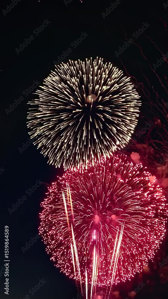 Loopable Red and gold fireworks bursting in night sky, celebration background for Independence Day, New Year, or festive events, black background, cinematic and seamless animation