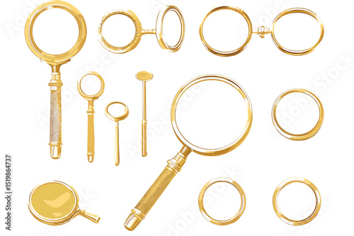 Set of magnifier for information search with a transparent magnifying glass and transparent shadow in vector graphics.