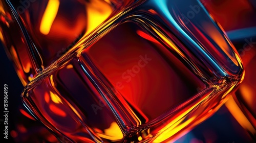 Abstract vibrant glass structure with fiery, reflective surfaces