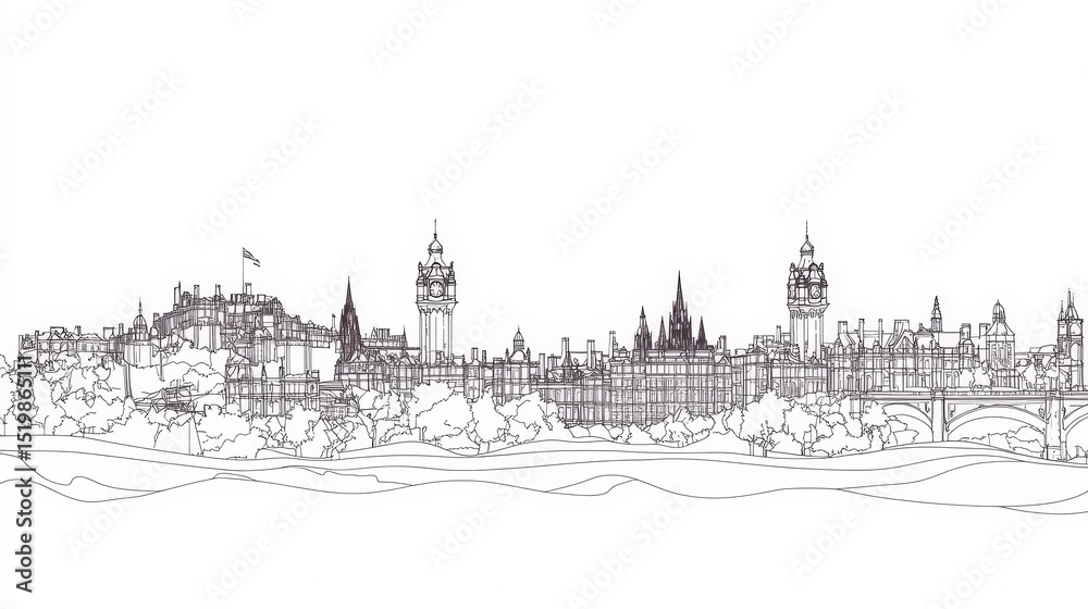 Fototapeta premium One-line art of the Edinburgh skyline presented as a horizontal banner — vector template ideal for design use. 