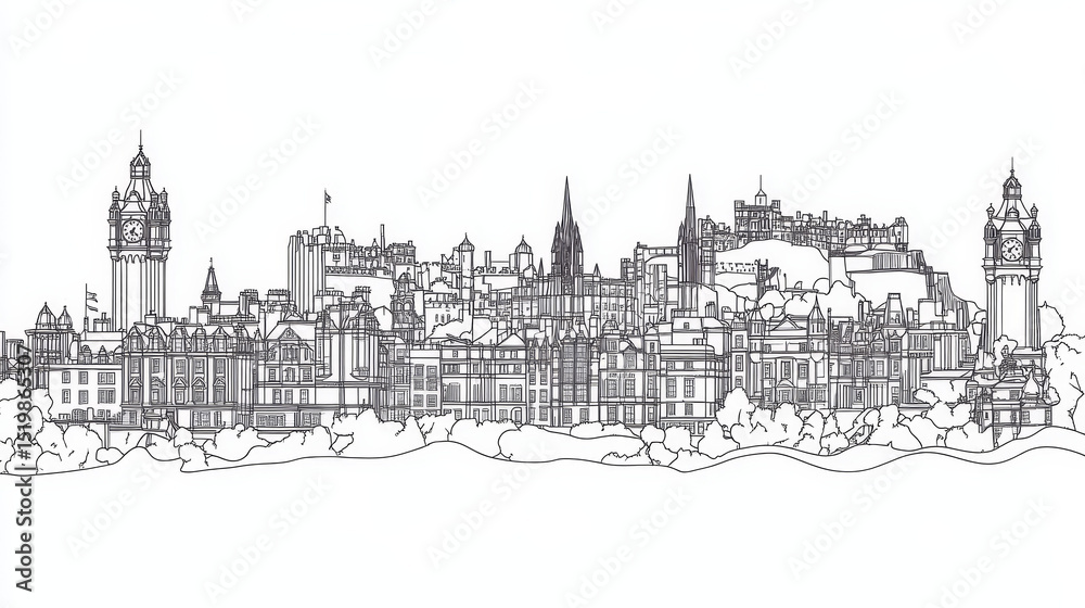 Fototapeta premium One-line art of the Edinburgh skyline presented as a horizontal banner — vector template ideal for design use. 