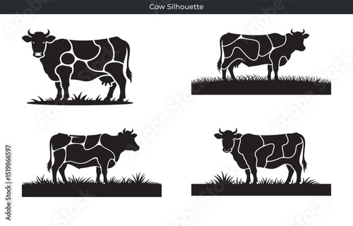 Collection of detailed black and white cow silhouettes in various poses and views
