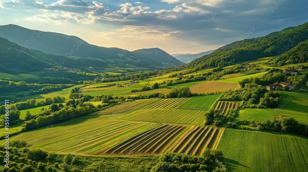 Fototapeta premium Serene Valley Landscape: Lush Green Fields and Rolling Hills