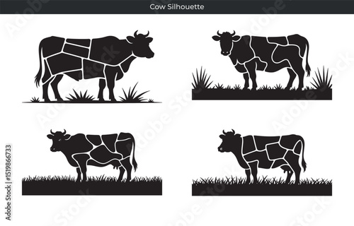 Four black silhouette cow illustrations representing farming and meat production design concepts