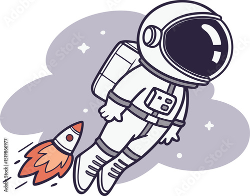 Vector cartoon of an astronaut flying in space with a jetpack and rocket in a dreamy purple sky, ideal for sci-fi children’s designs, educational posters, and fantasy artwork