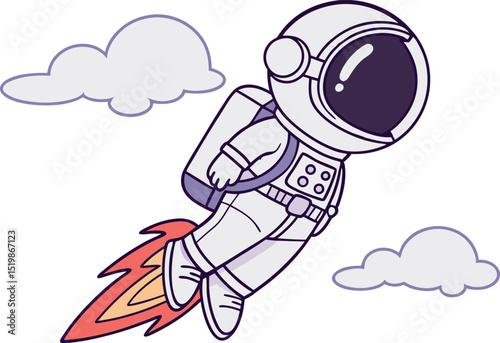 Cartoon vector of an astronaut flying through the sky with a jetpack and clouds in the background, perfect for space-themed children's art, sci-fi stories, and educational materials