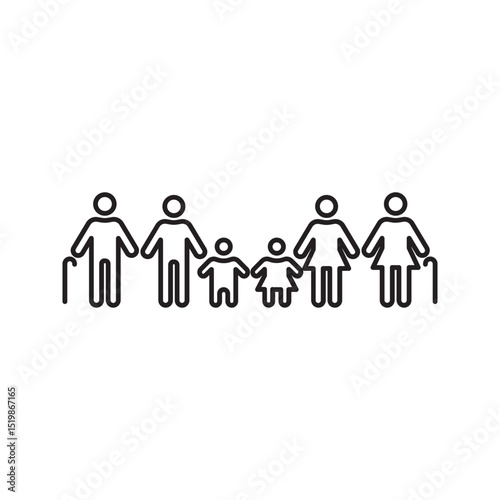 family icon. contains a complete family. grandfather, grandmother, father, mother, and two children.