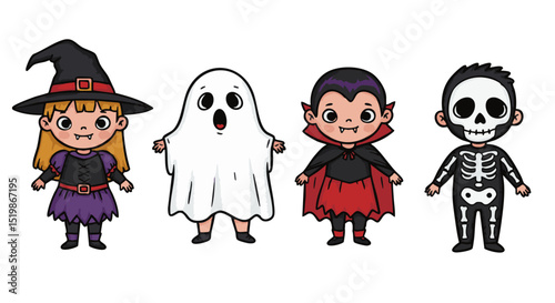 Kids in Funny Monster Costumes – Halloween Vector Illustration