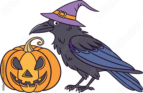 Cartoon vector of a Halloween crow wearing a witch hat beside a jack-o’-lantern, perfect for spooky holiday designs, Halloween decorations, and themed children’s artwork